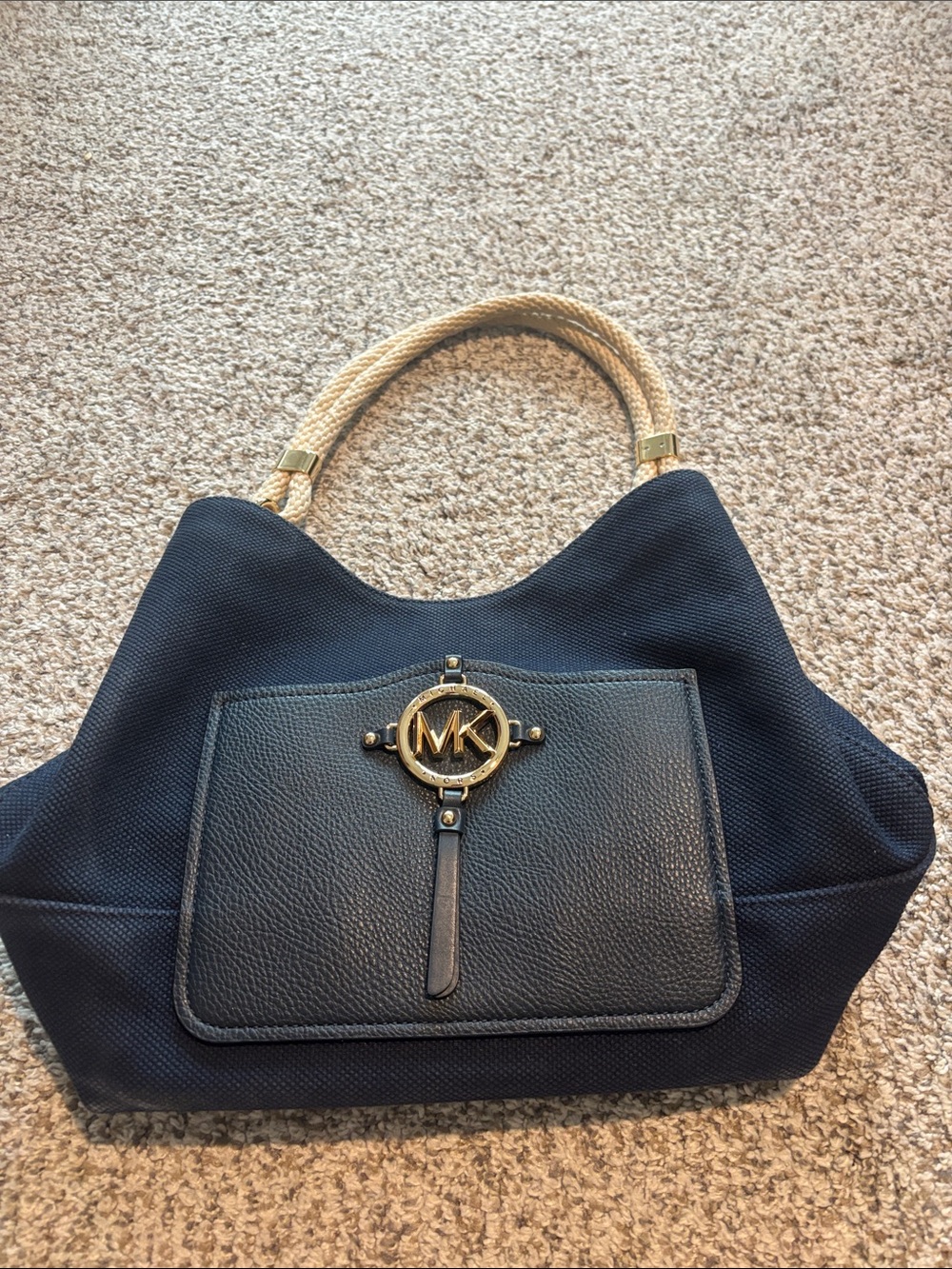 Michael Kors Navy Tote with Gold Rope Handles and MK Medallion